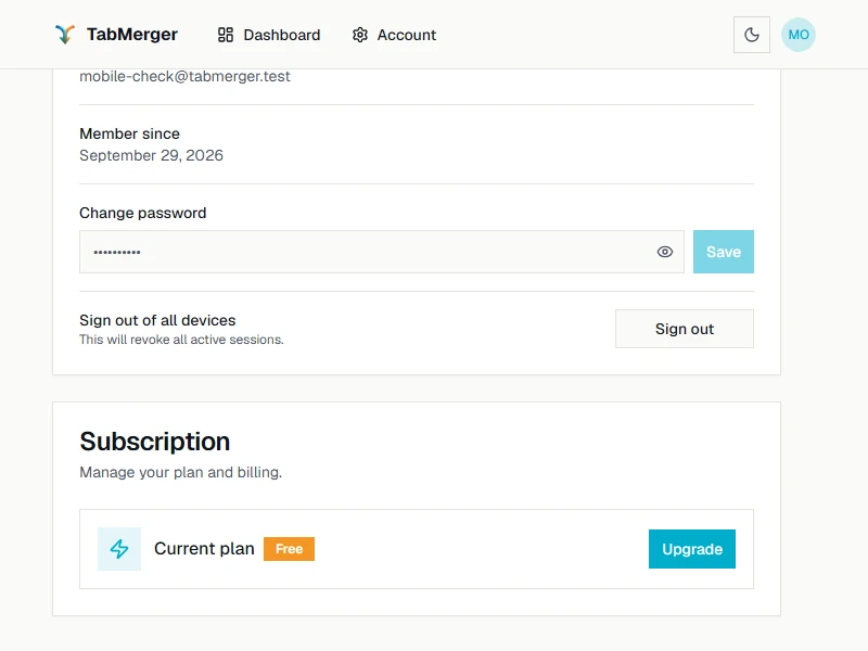 Account settings on a free account: the Subscription card shows Current plan Free with an Upgrade button