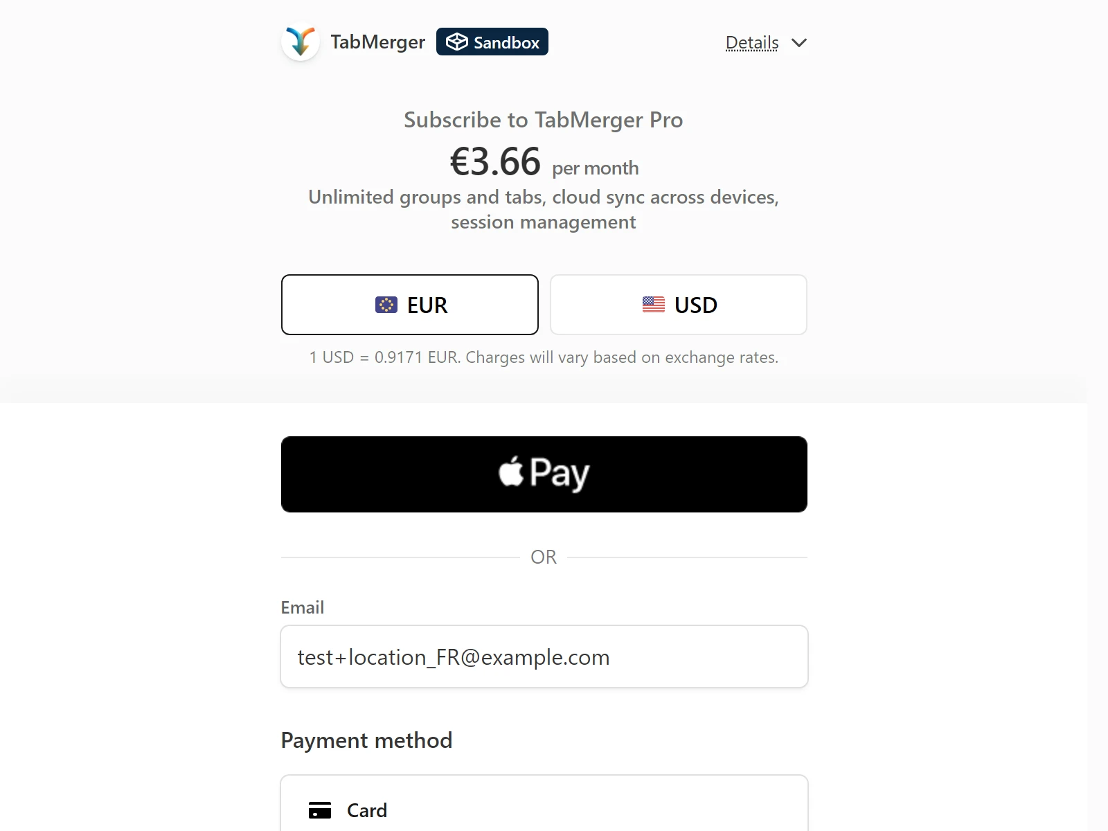 Stripe checkout for TabMerger Pro showing €3.66 per month, with EUR selected and a USD alternative, and the line "1 USD = 0.9171 EUR. Charges will vary based on exchange rates."