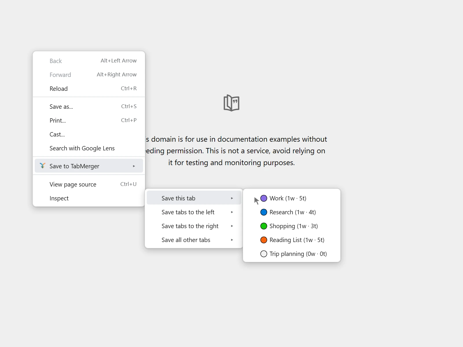 Illustration of the same right-click menu with a fifth group, "Trip planning (0w · 0t)", at the end of the group list