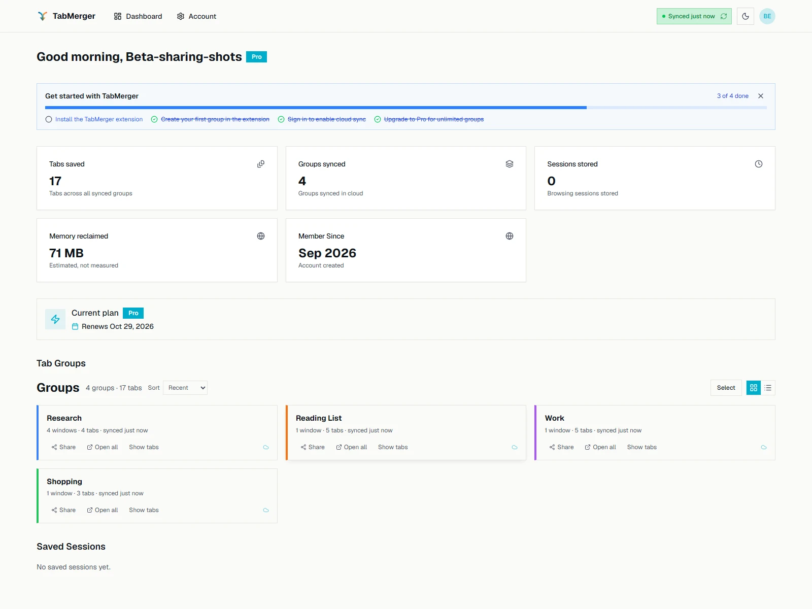 The web dashboard after unlocking: stats, the Pro plan card, and the Tab Groups grid with Research, Reading List, Work and Shopping cards showing window and tab counts