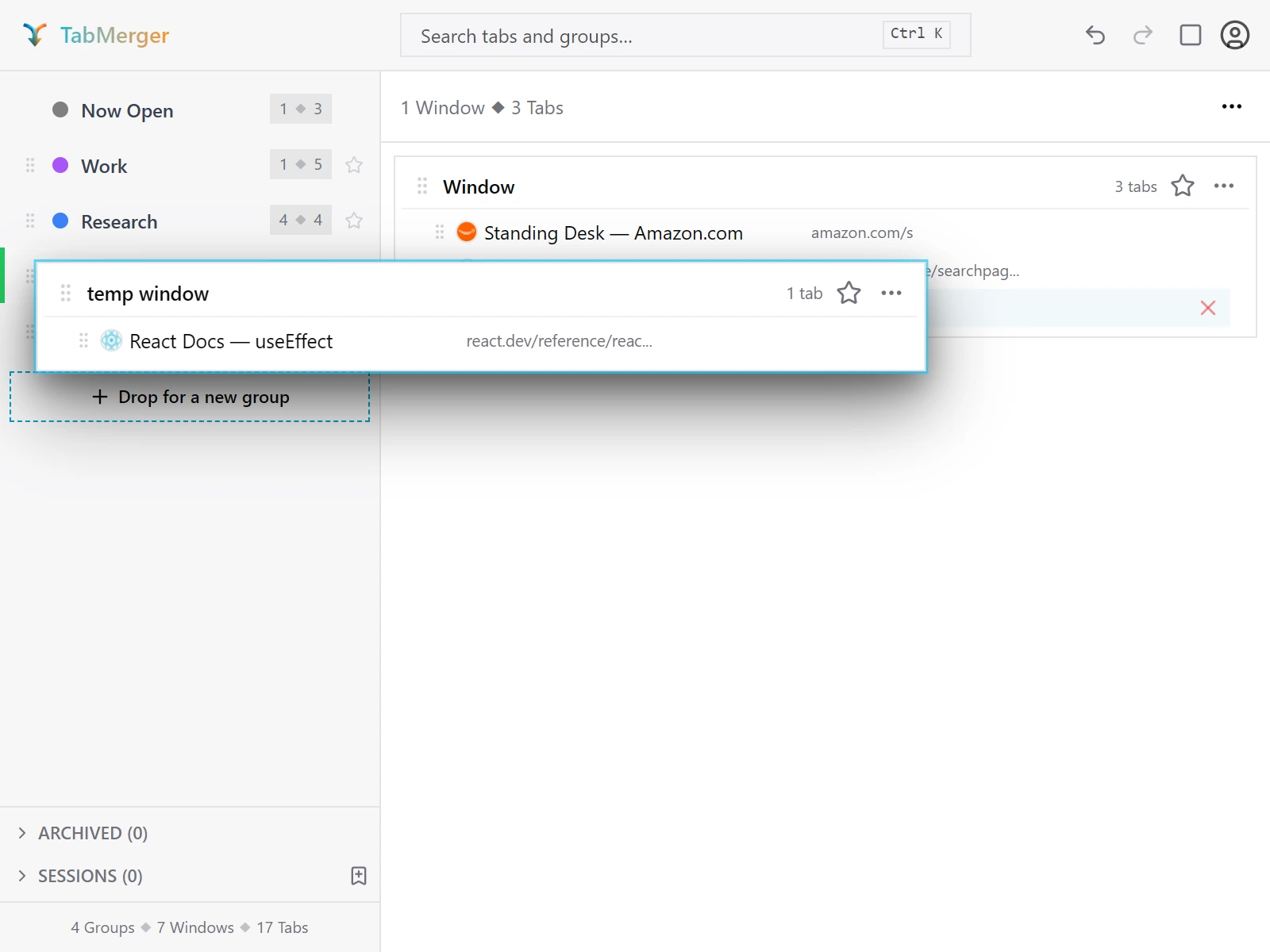 A window card dragged onto the sidebar, over the Shopping group, which is highlighted and opened in the main panel