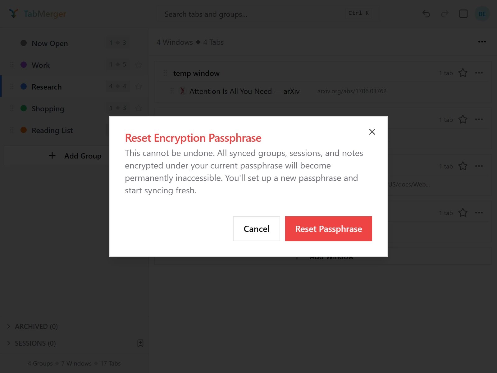 The "Reset Encryption Passphrase" confirmation warning that everything encrypted under the current passphrase becomes permanently inaccessible, with Cancel and Reset Passphrase buttons