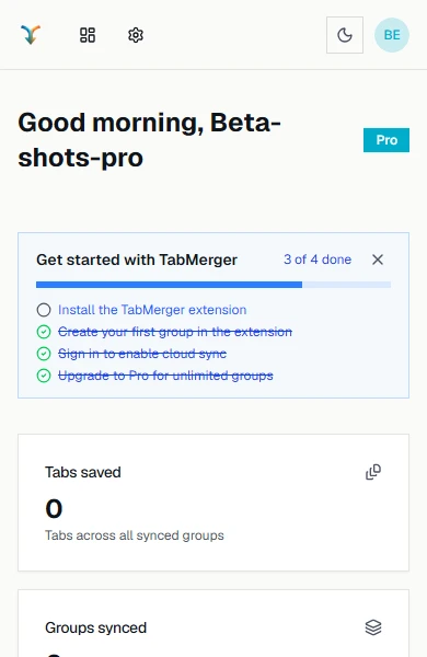 The dashboard on a phone-width screen: the top bar shows the TabMerger logo, the Dashboard and Account icons, the light/dark toggle and the account menu, with nothing cut off