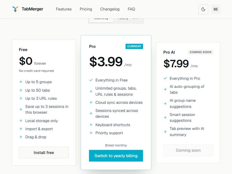 The pricing page while on Pro monthly: the Pro card is marked Current and has a "Switch to yearly billing" button