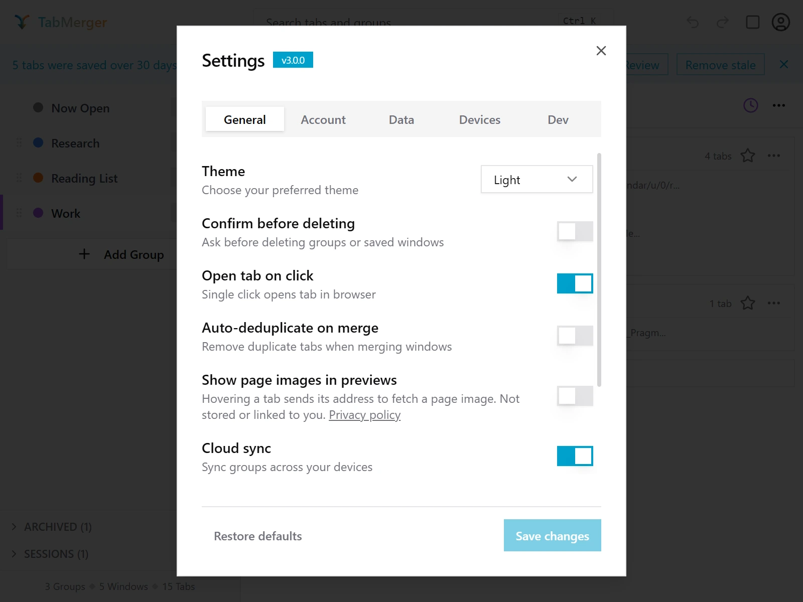 The Settings modal General tab, showing Theme, Confirm before deleting, and other toggles