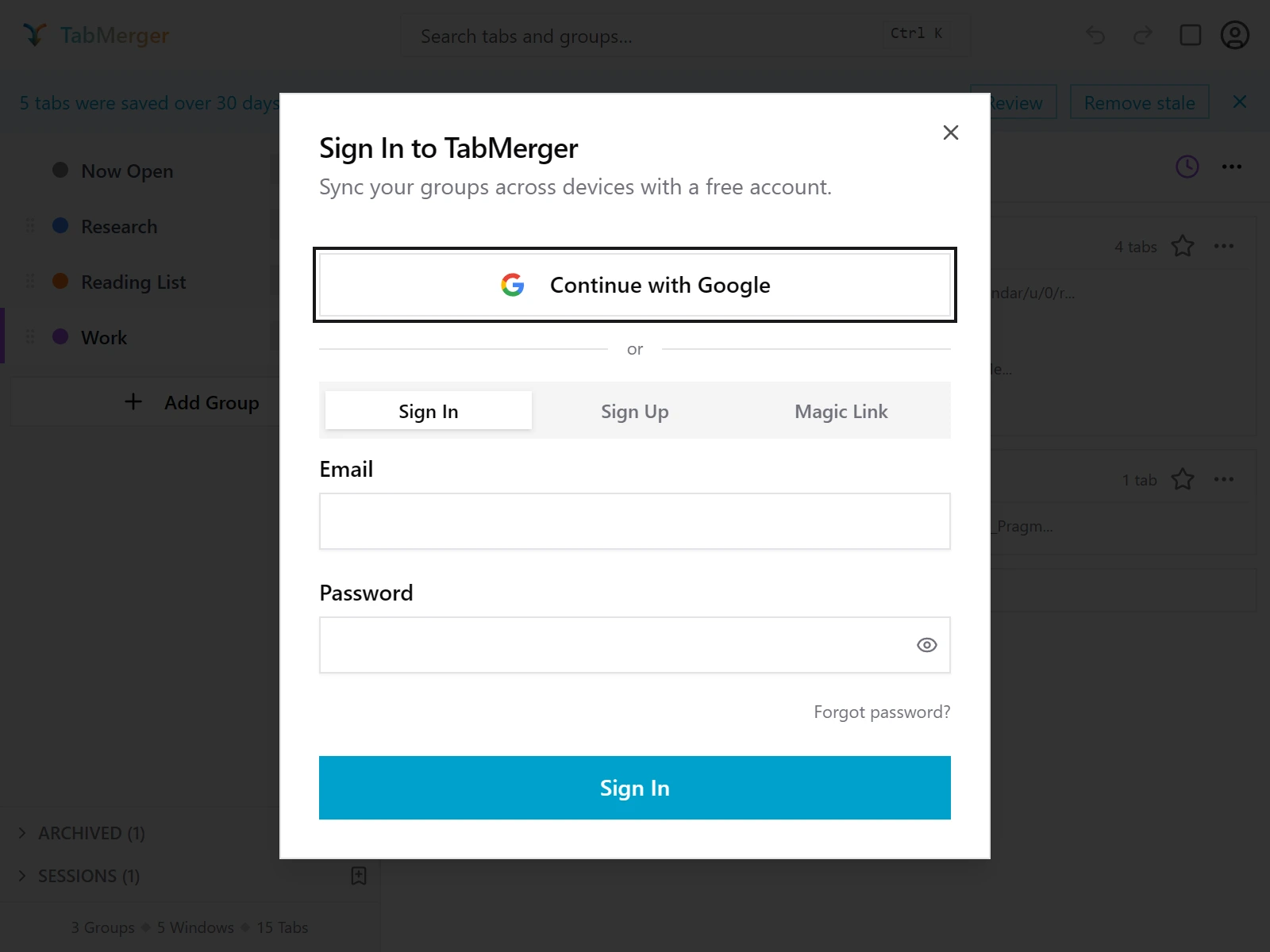 The extension's "Sign In to TabMerger" dialog in the popup: Continue with Google, then Sign In, Sign Up and Magic Link tabs with Email and Password fields