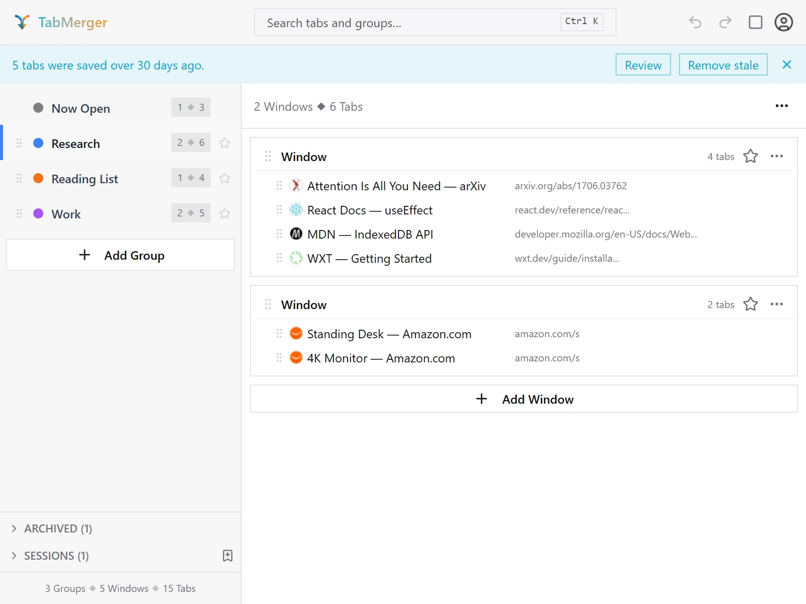 The amber stale-tab banner above the tab list, with Review and Remove stale buttons