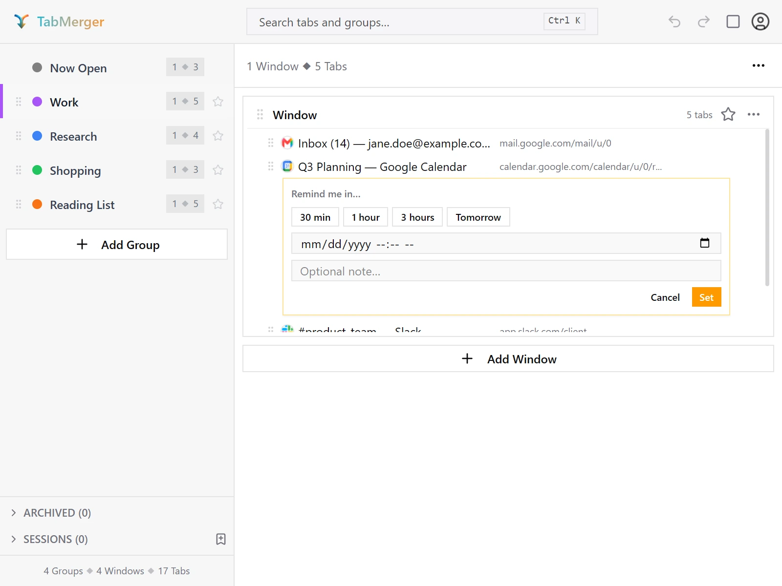 A saved tab's "Remind me in…" editor: 30 min, 1 hour, 3 hours and Tomorrow buttons, a date and time field, an optional note, and Cancel and Set